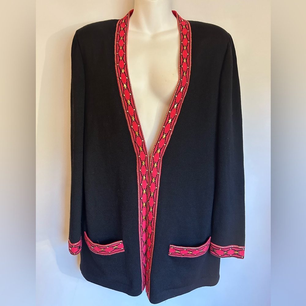 ST.JOHN COLLECTION BLACK SANTANA KNIT RED/GOLDTONE TRIM WOMEN’S CARDIGAN SIZE S